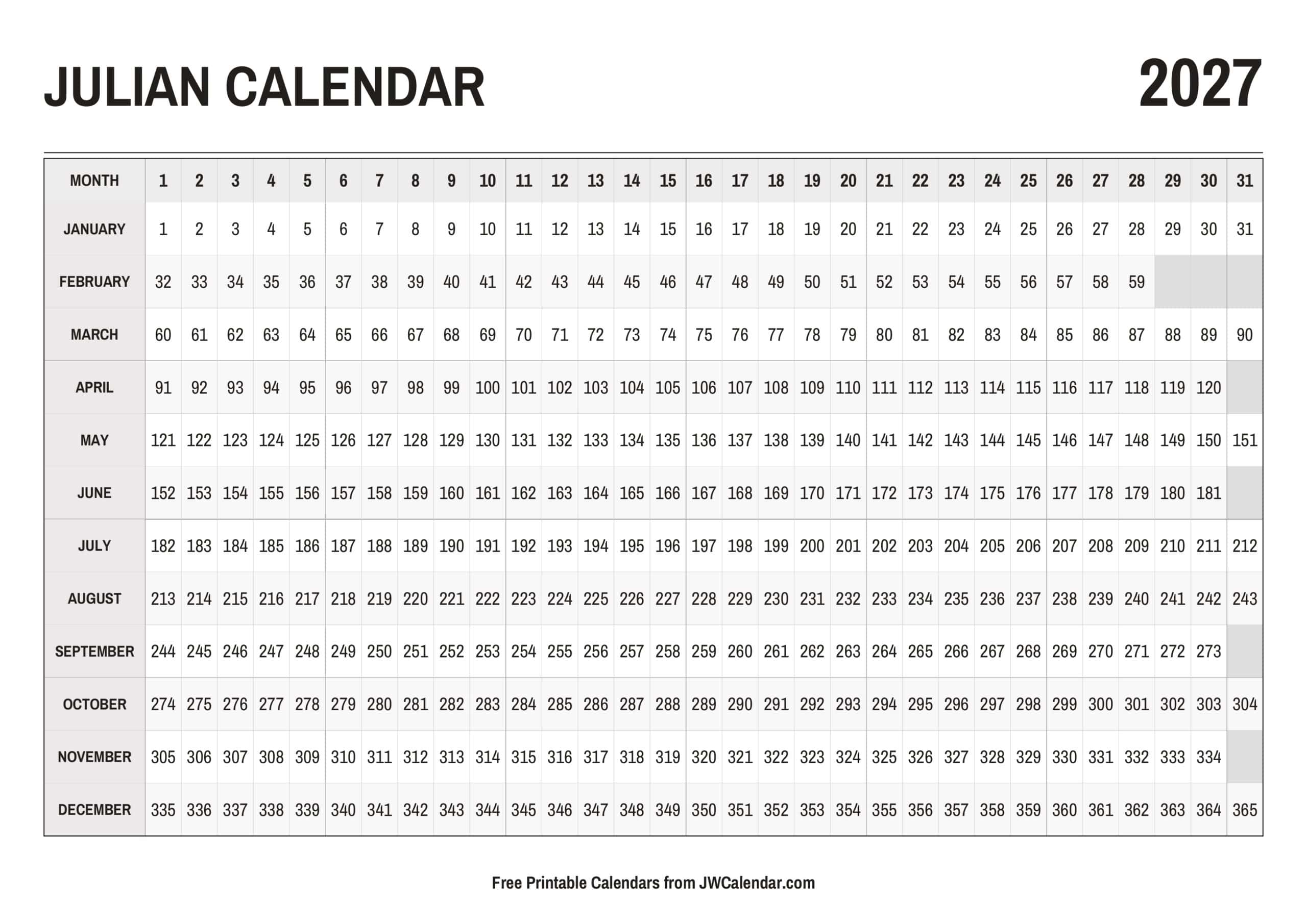 2027 Printable Julian Calendar 2027 Printable Julian Calendar