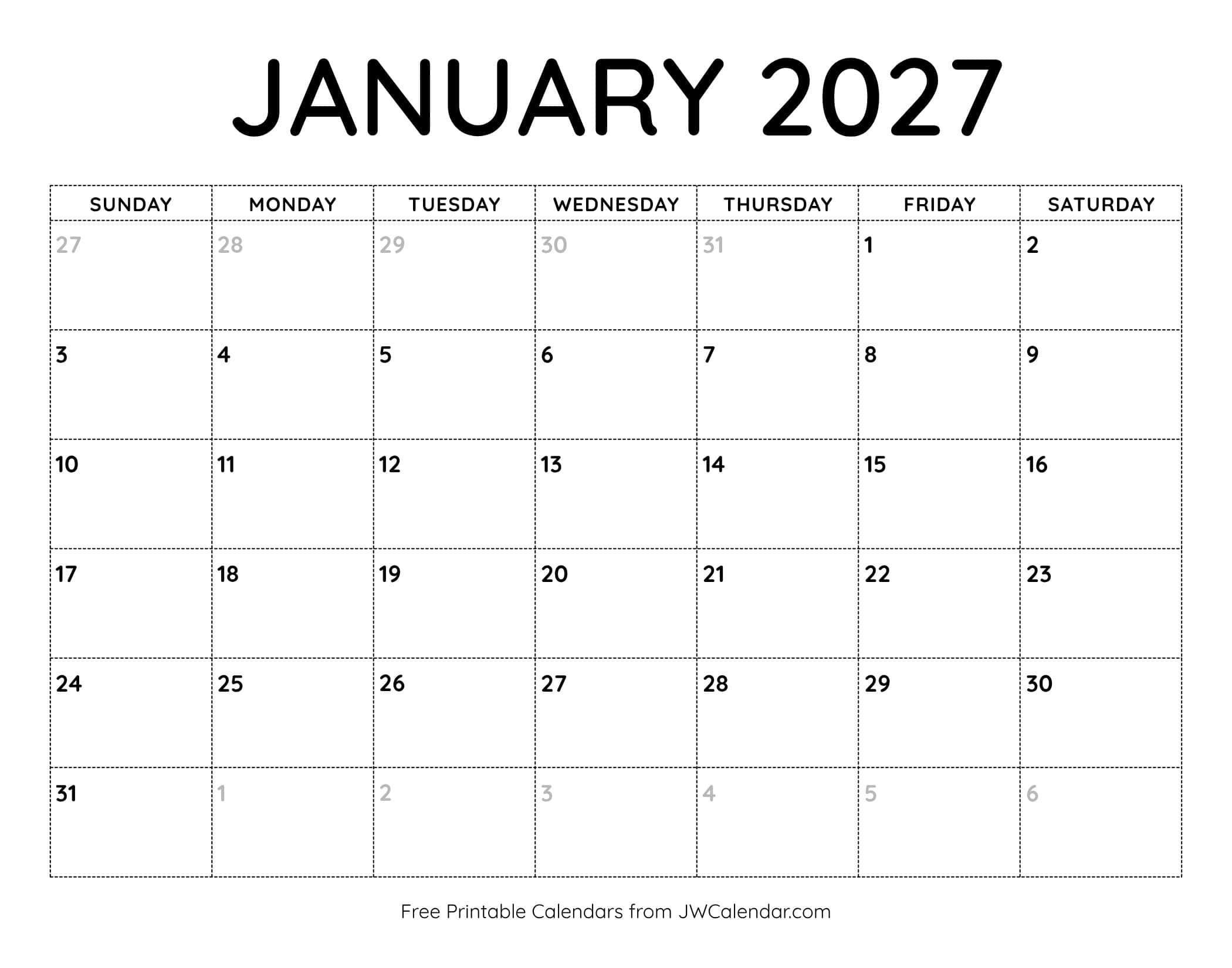 January 2027 Calendar Printable January 2027 Calendar Printable