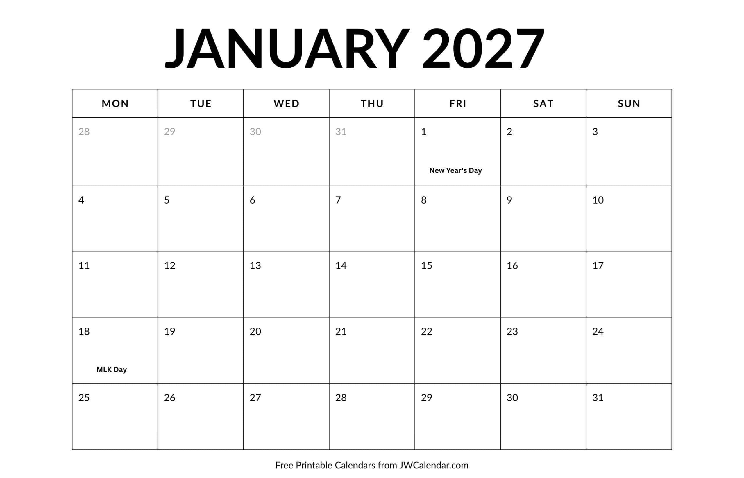 January 2027 Calendar with Holidays January 2027 Calendar with Holidays scaled