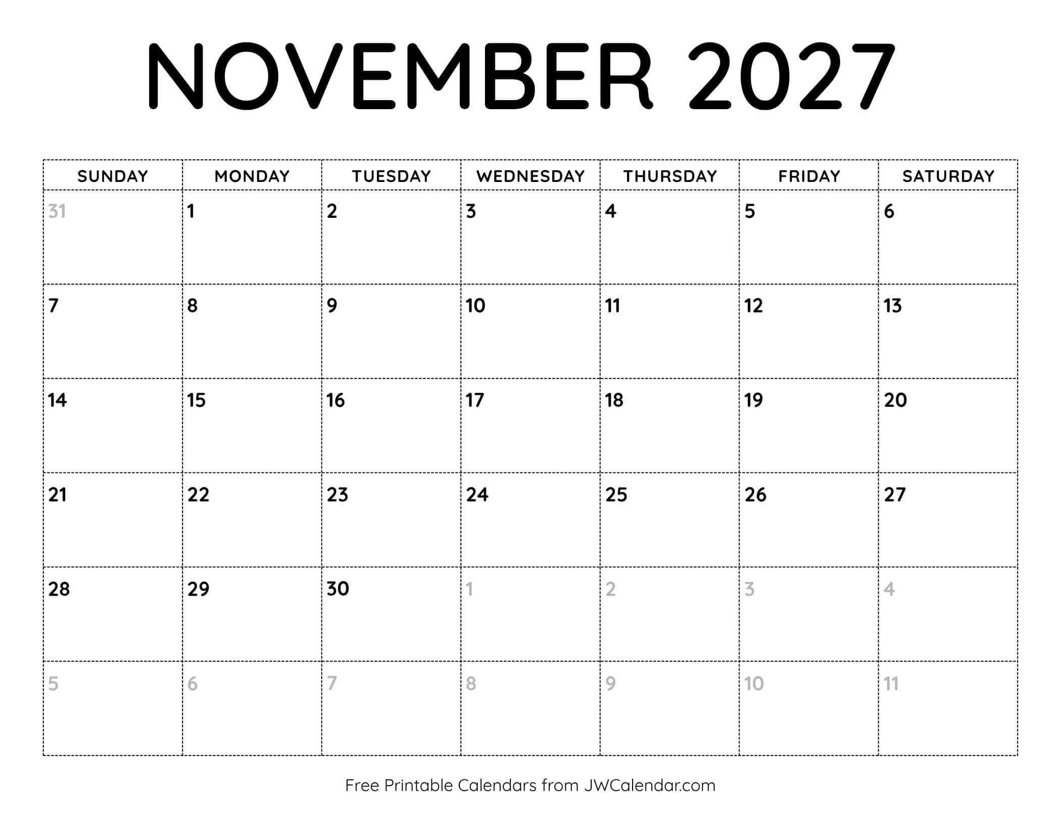 November 2027 Calendar Printable November 2027 Calendar Printable