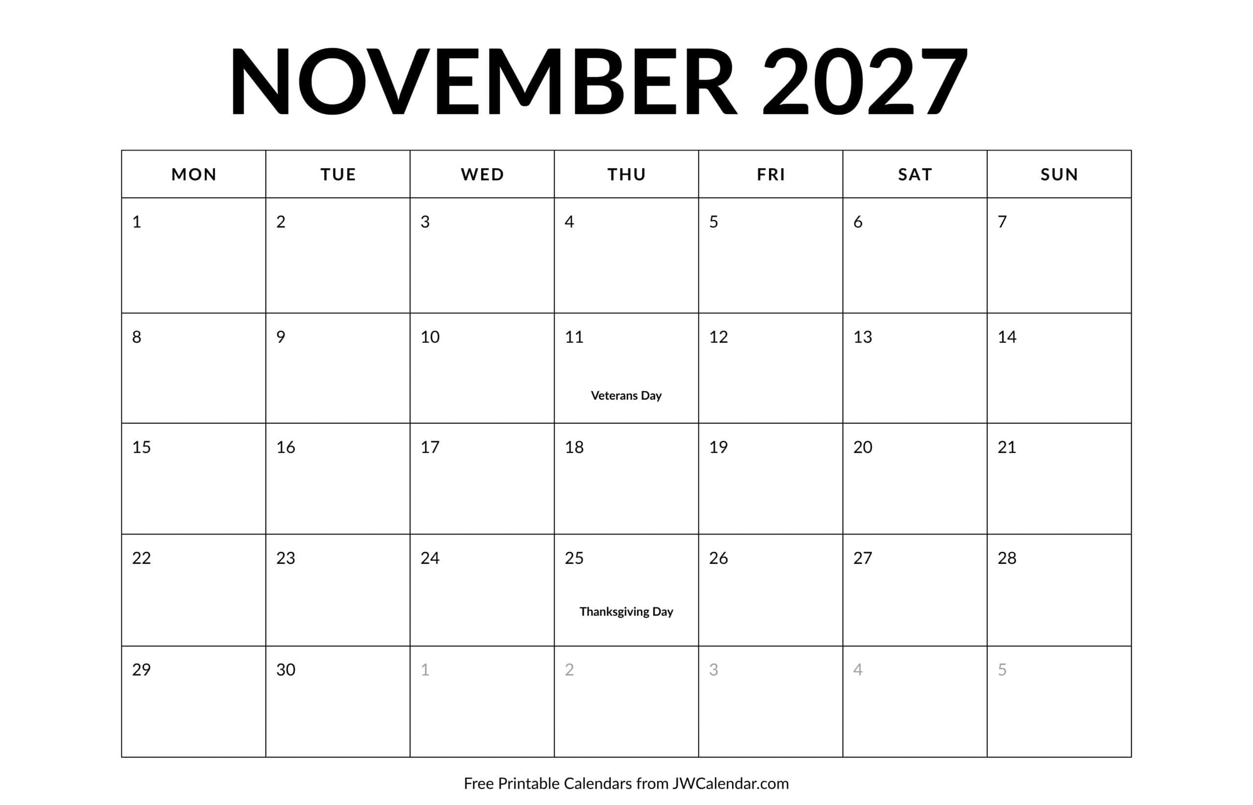 November 2027 Calendar with Holidays November 2027 Calendar with Holidays scaled