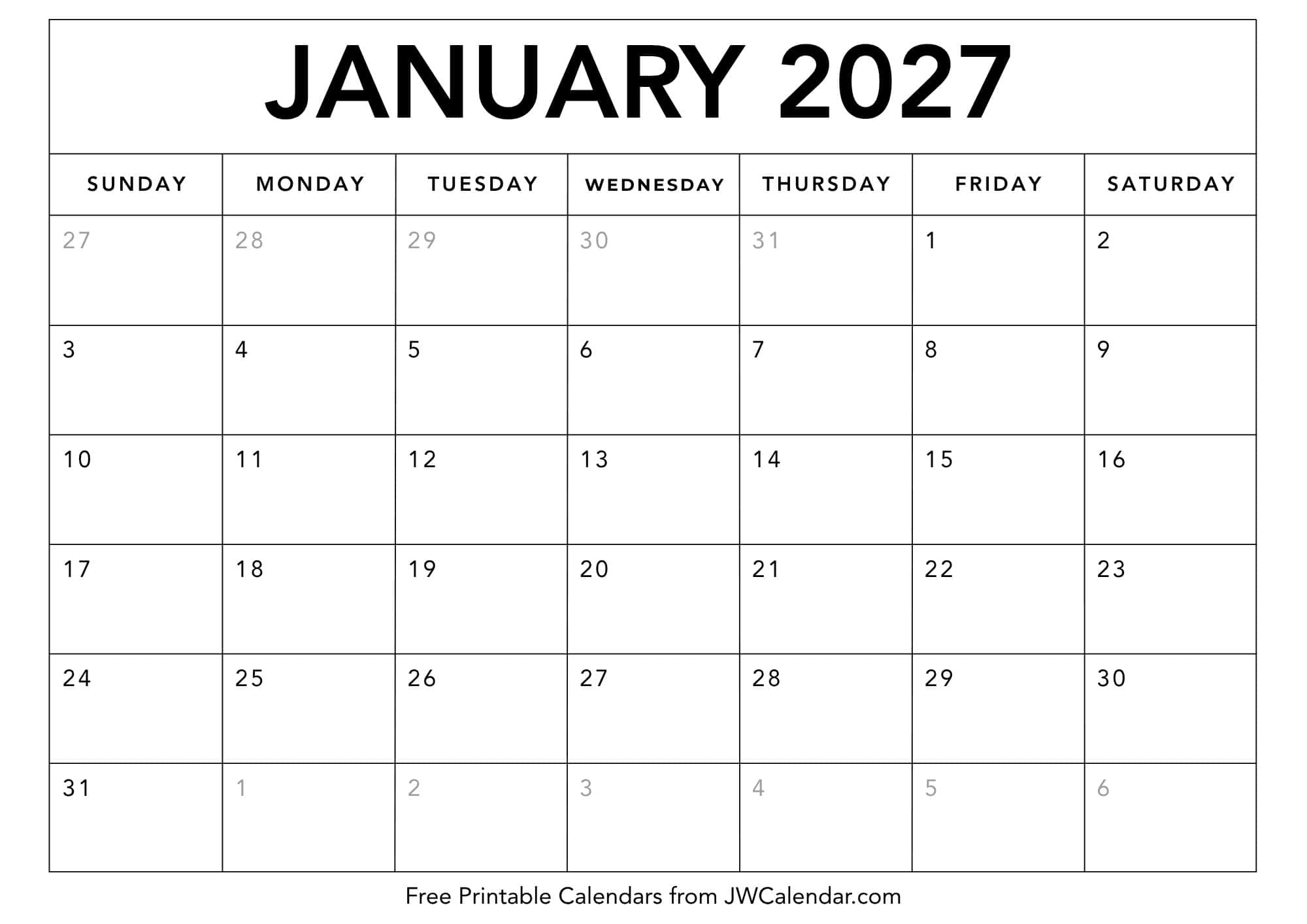 Printable January 2027 Calendar Printable January 2027 Calendar