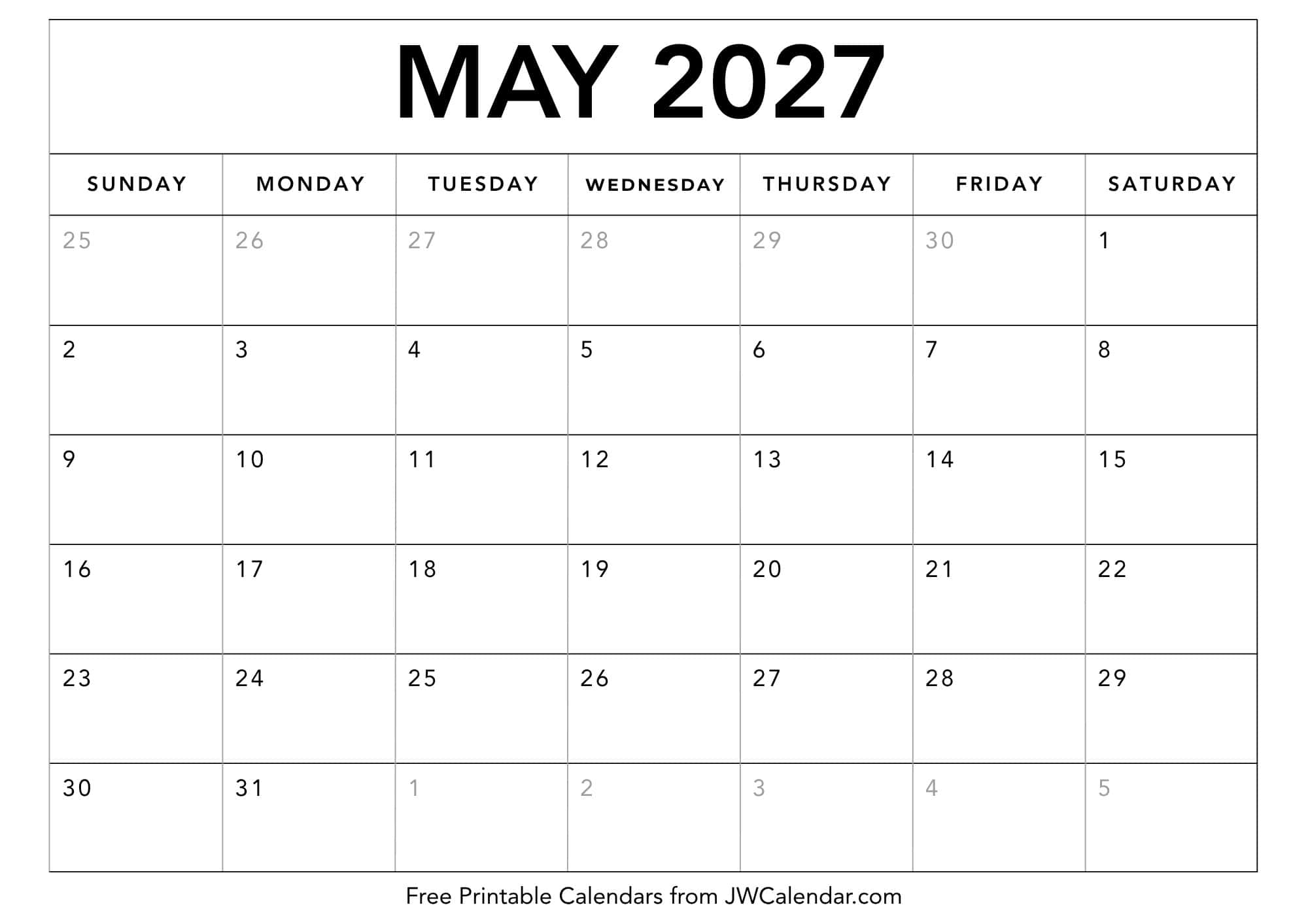 Printable May 2027 Calendar Printable May 2027 Calendar