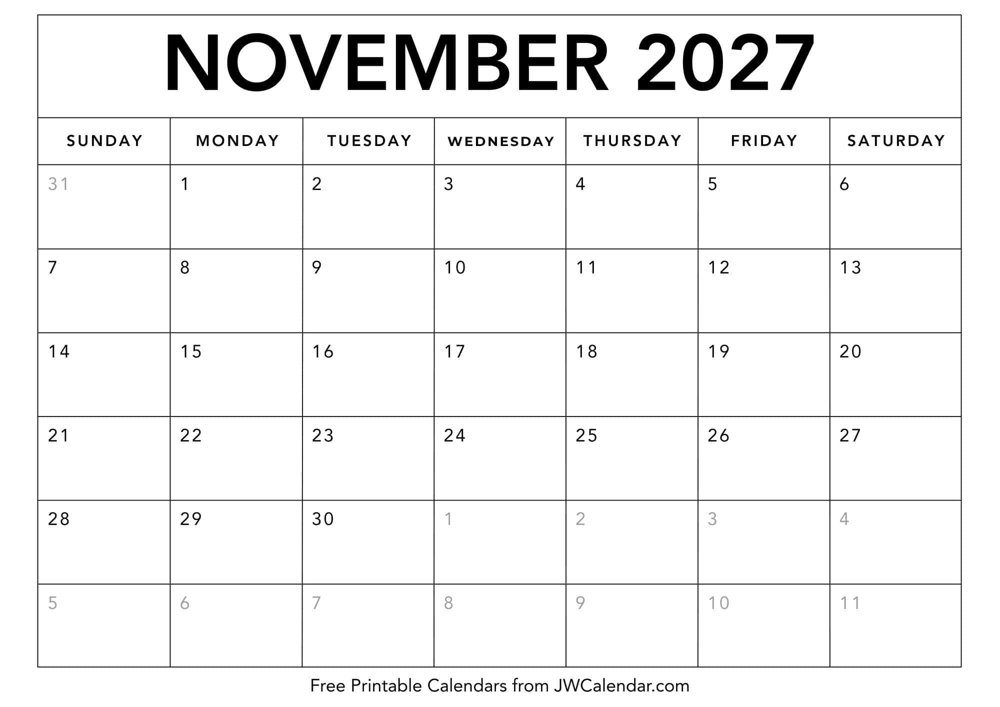 Printable November 2027 Calendar Printable November 2027 Calendar